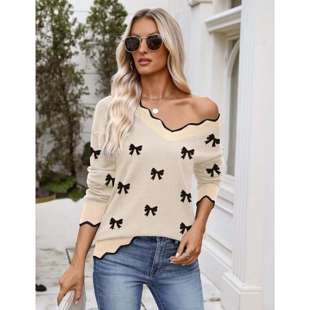 Women’s V Neck Sweater 2025 Fall Long Sleeve Ribbed Knit Casual Pullover Tops - Picture 4 of 6